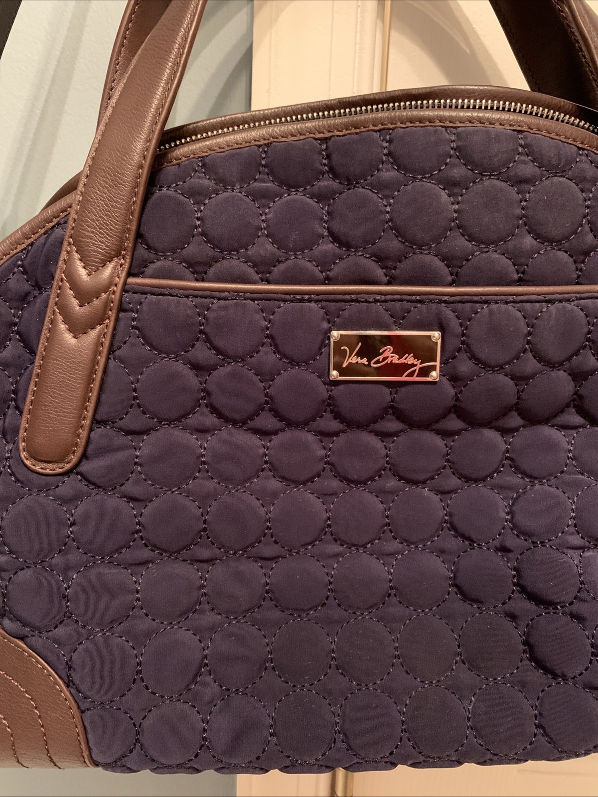 VERA BRADLEY Navy Quilted with Brown Leather Trim CrossbodyCarryOn Bag