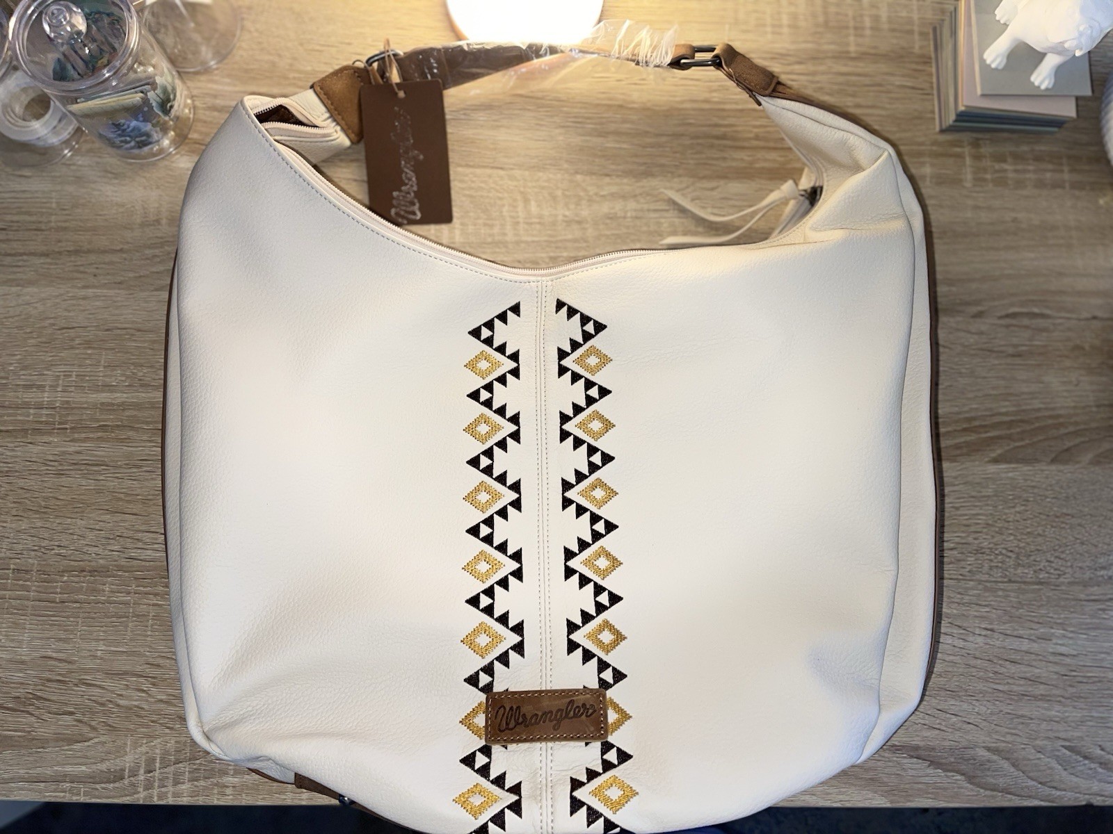 Wrangler Large Cream Aztec Geometric Hobo Shoulder Bag Brown Strap Zip Pockets