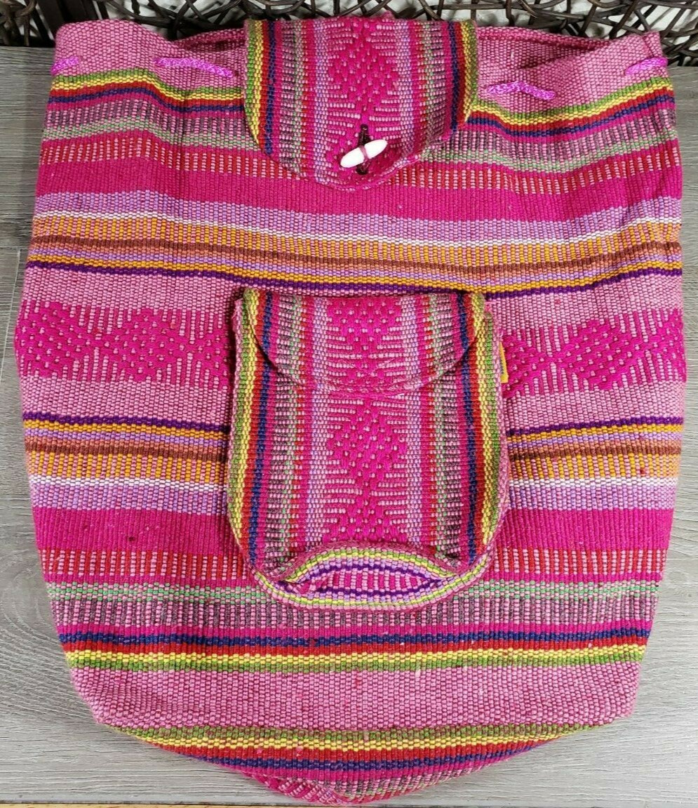 Guatemalan PINZON Textile Backpack Colorful Woven Fabric Hippie Boho PINK PURPLE