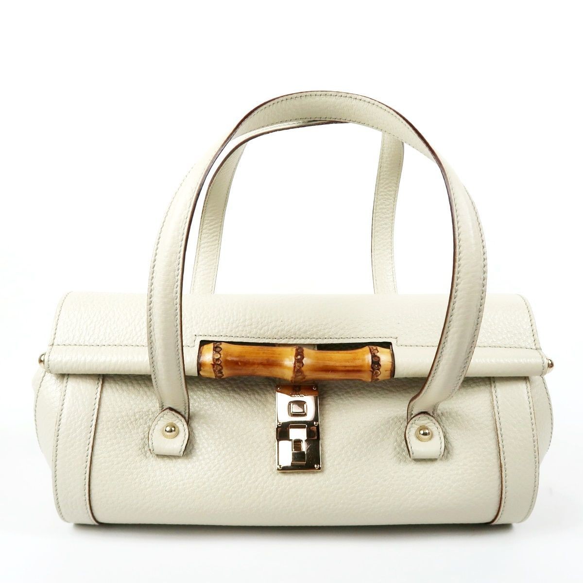 Gucci Bamboo Handbag Ivory Gold Leather Wood 17x32x14.5in