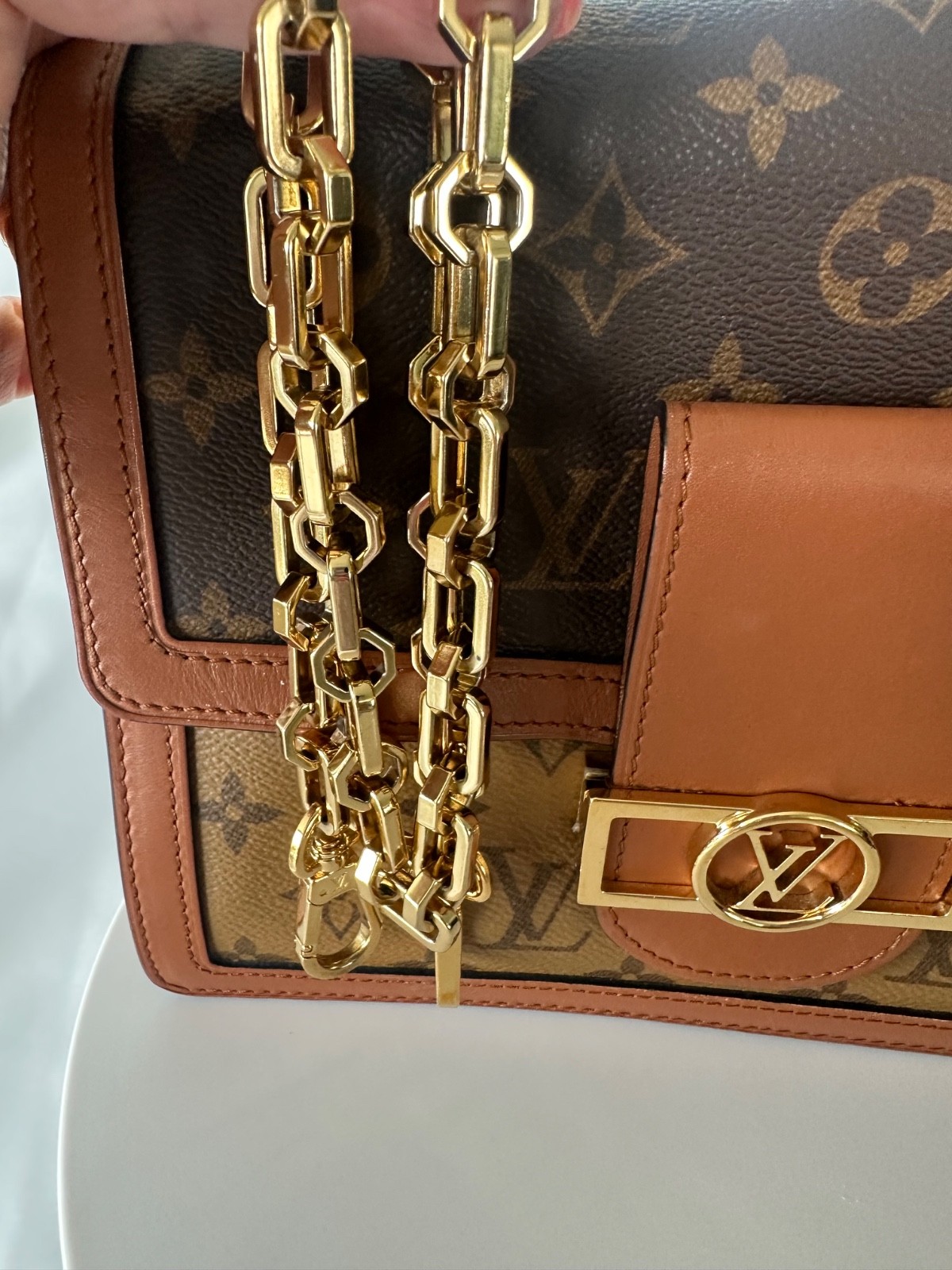 Louis Vuitton Dauphine MM Two Strap Monogram Canvas Gold Chain Shoulder Bag