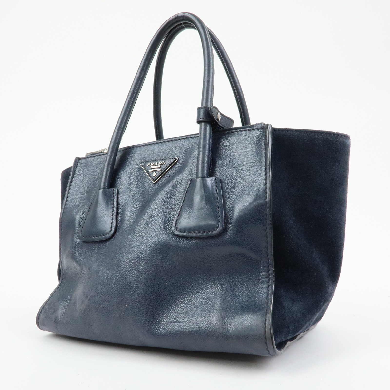 PRADA Triangle Logo Leather 2Way Bag Tote Bag Hand Bag Navy B2625M Auth Used F/S