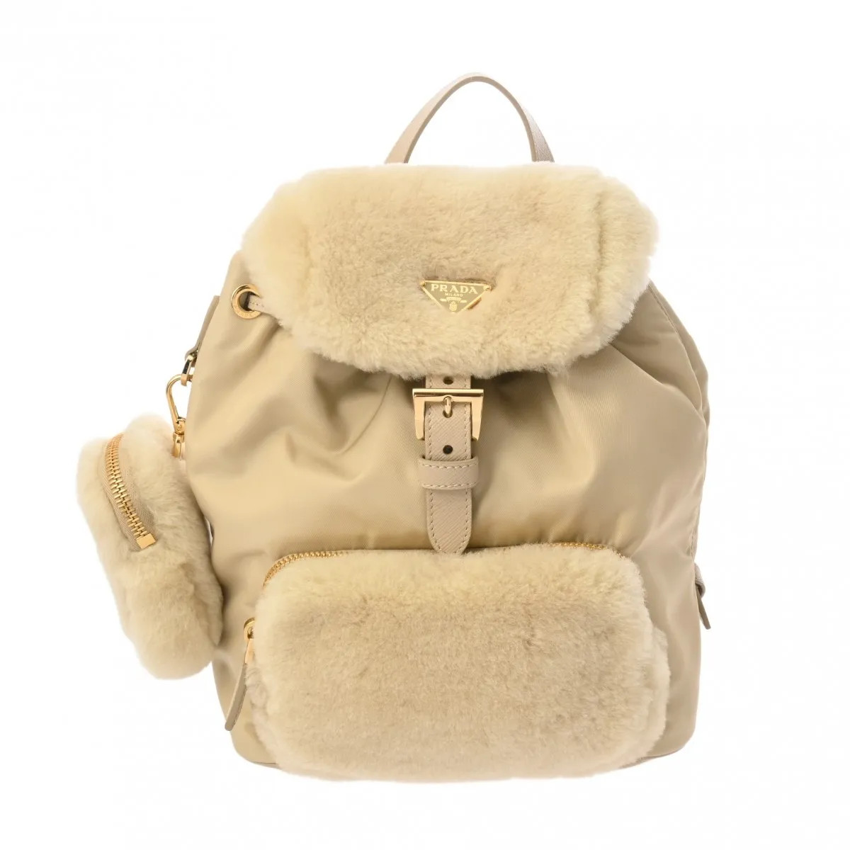 Prada Re-Nylon 1BZ074 Backpack Nylon / Shearling Beige #WB2218