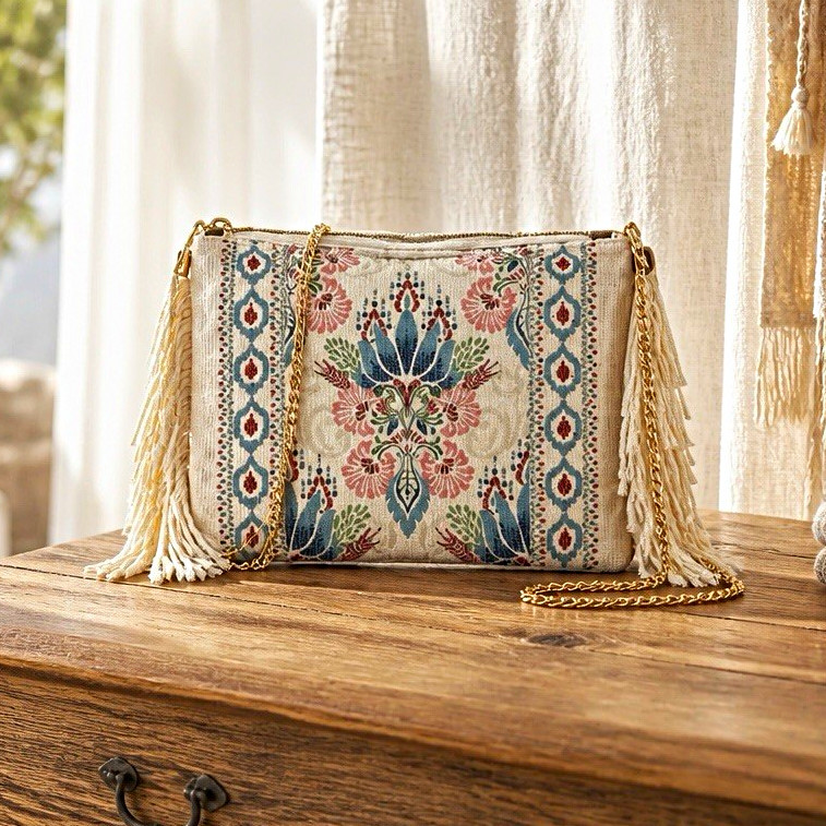 Multicolor Floral Bohemian Tassel Fringe Zip Crossbody Clutch Bag