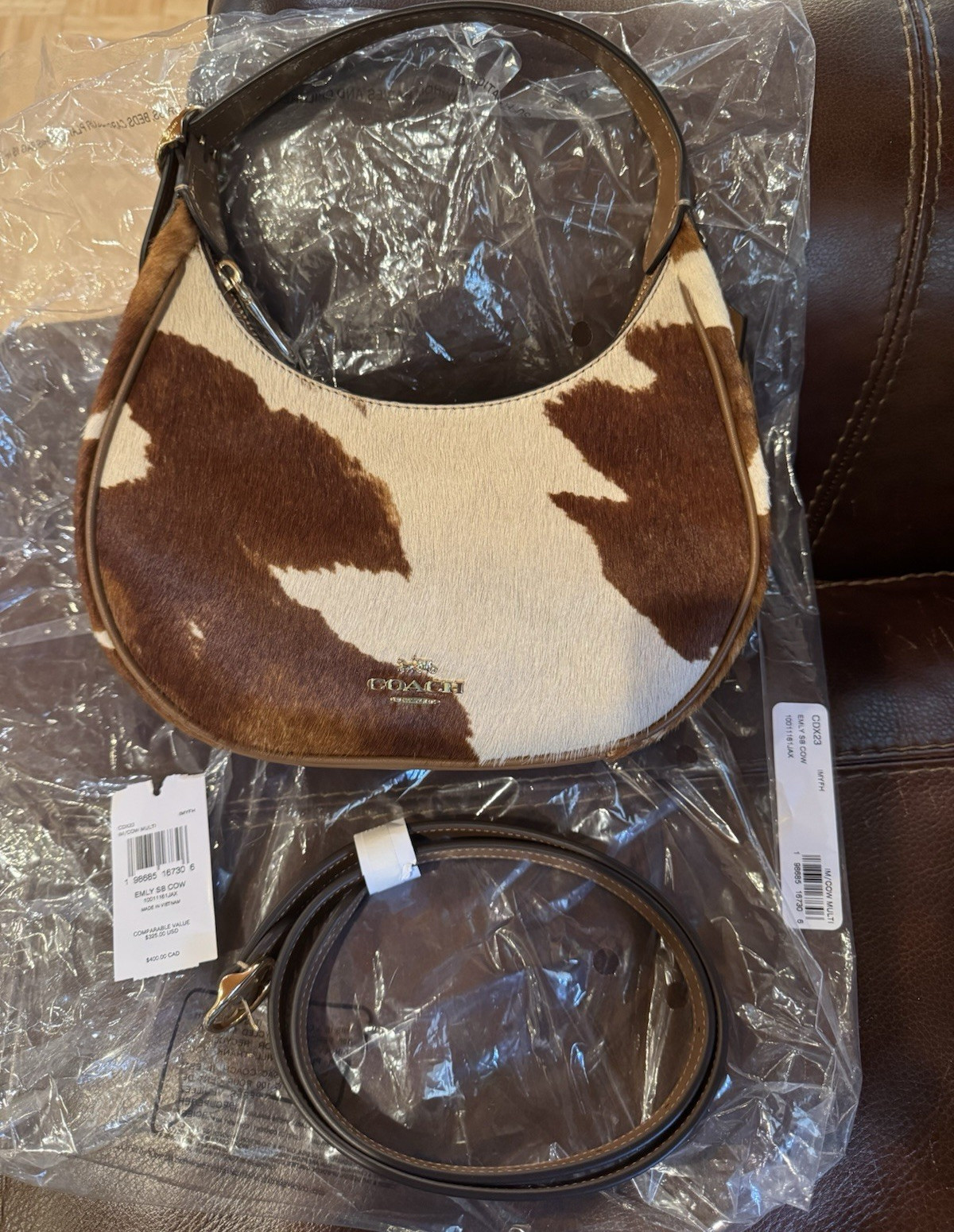 NWT Coach Emily Cow Print Crescent Shoulder Bag Gold HW