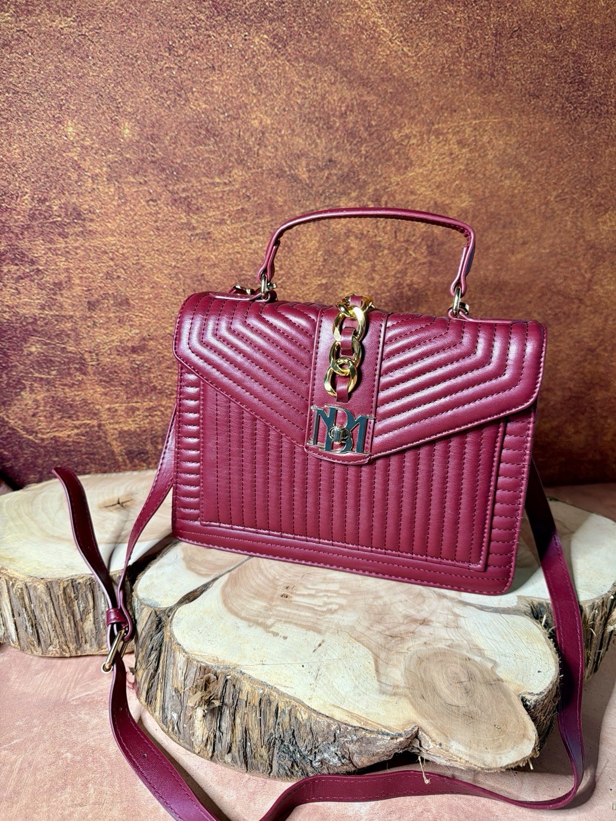 Badgley Mischka Vegan Leather Kelly Wine Quilted Big Chain Cross body NWT