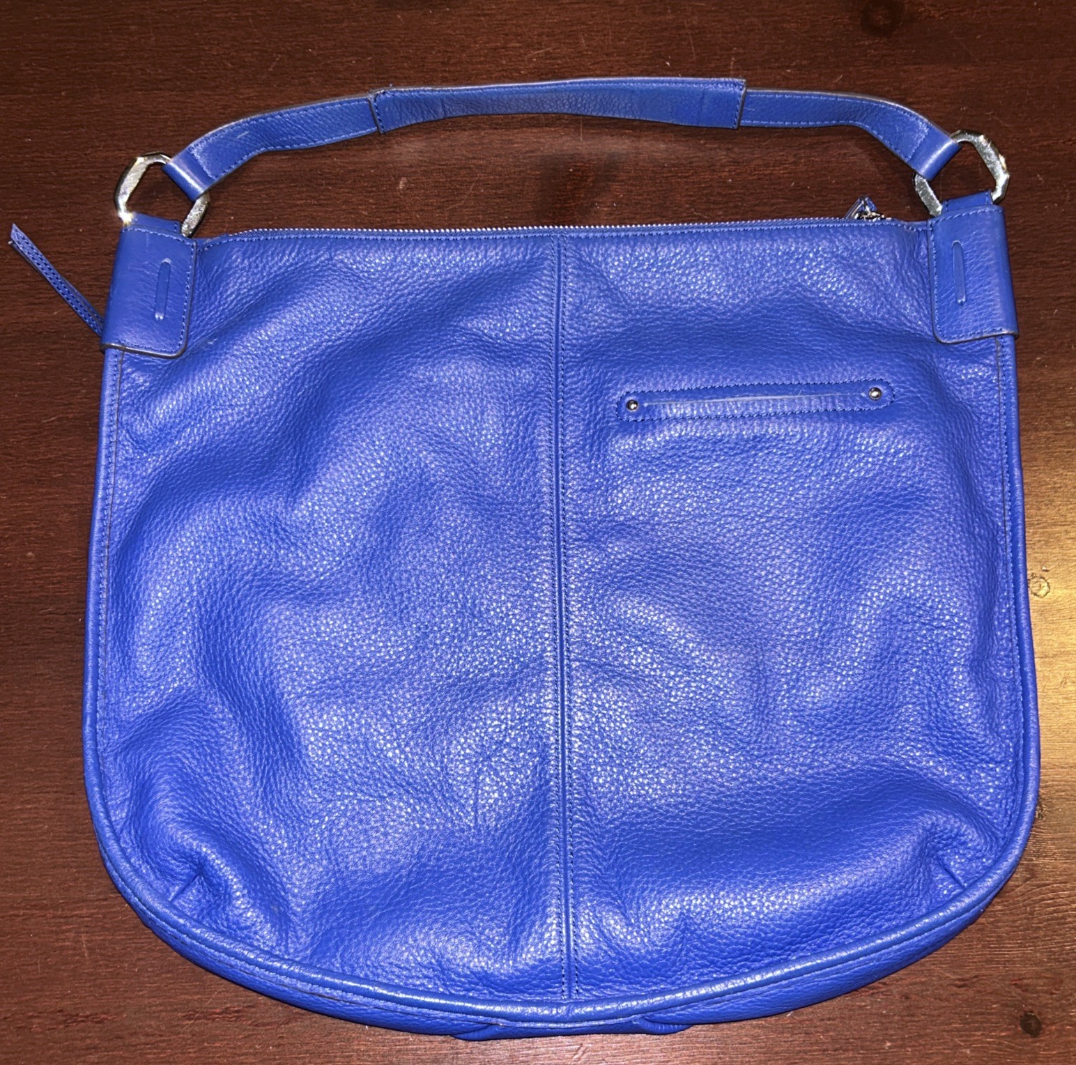 B. Makowsky Cobalt Blue Pebbled Leather Hobo Shoulder Bag Silver Zipper Accents