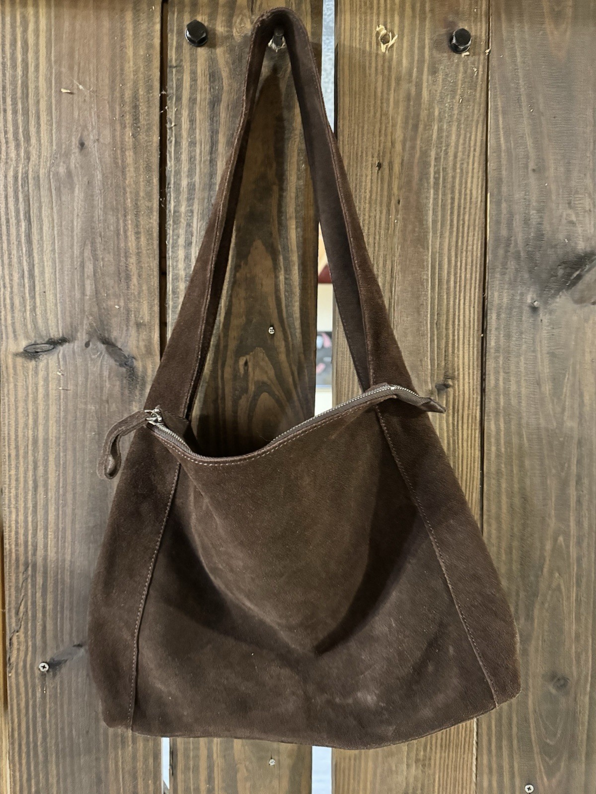 MNG Mango Leather Suede Slouch Boho Bag Shoulder Purse Rider Dark Brown