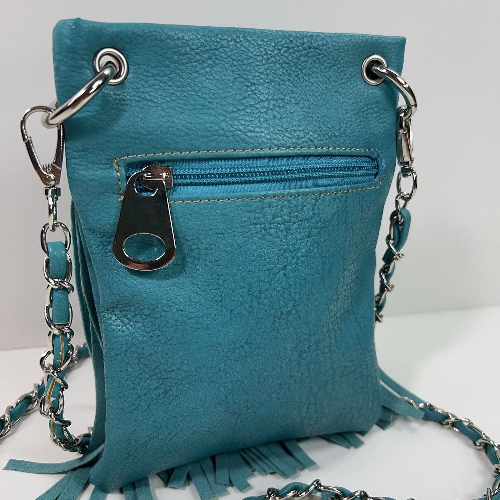 APT 9 Faux Leather Rhinestone Studded Crossbody Bag Chain Link Fringe Turquoise