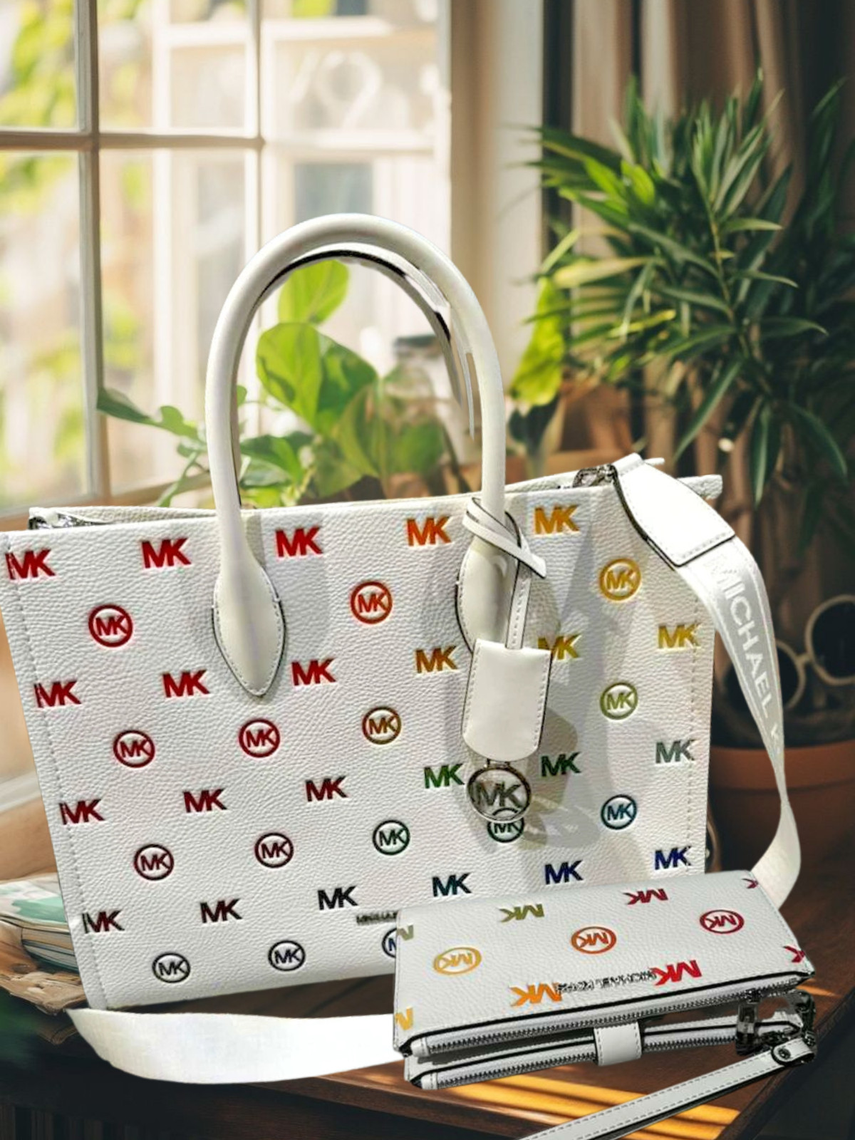Michael Kors Mirella Women Medium Handbag Purse Shoulder Tote Bag + Wallet White