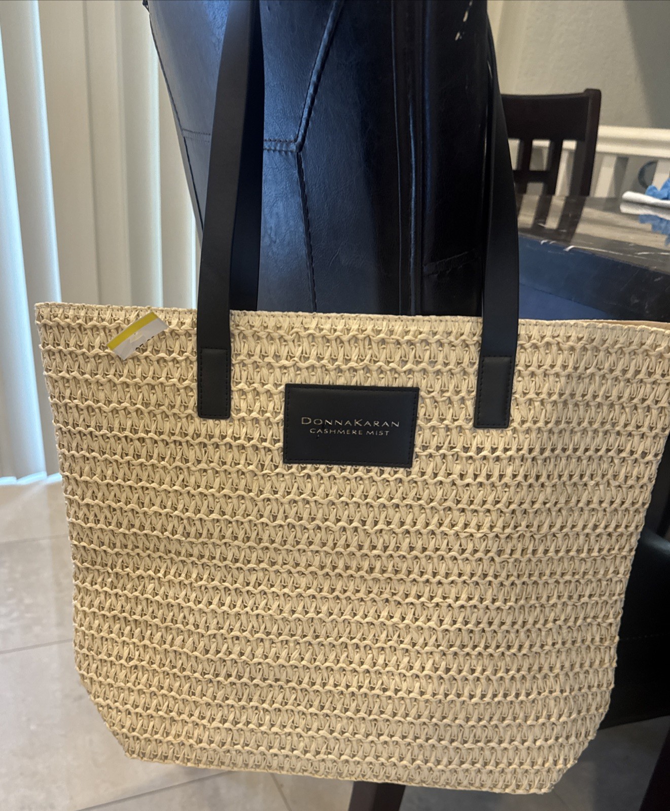 Donna Karan Cashmere Mist Woven Straw Tote Bag W Black Shoulder Strap NEW