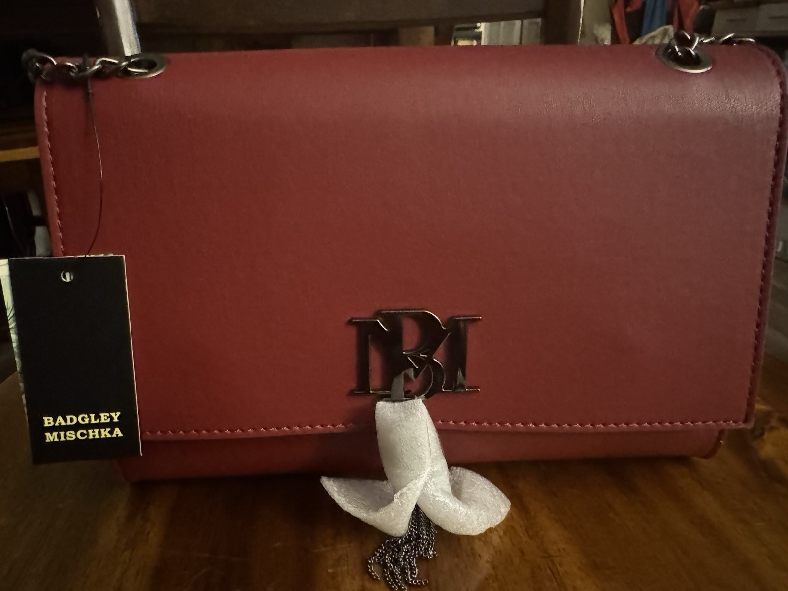 Badgley Mischka Burgundy Solid Rectangle Shoulder Bag Gunmetal Chain, Magnetic