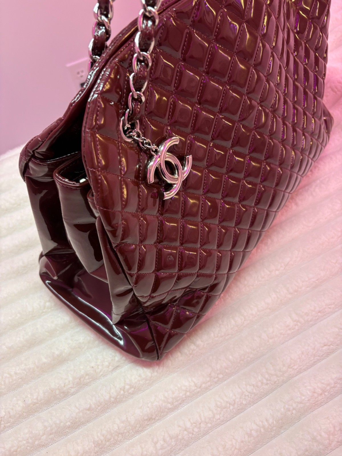 Authentic CHANEL Mademoiselle Large Tote Bag Patent Leather Silver