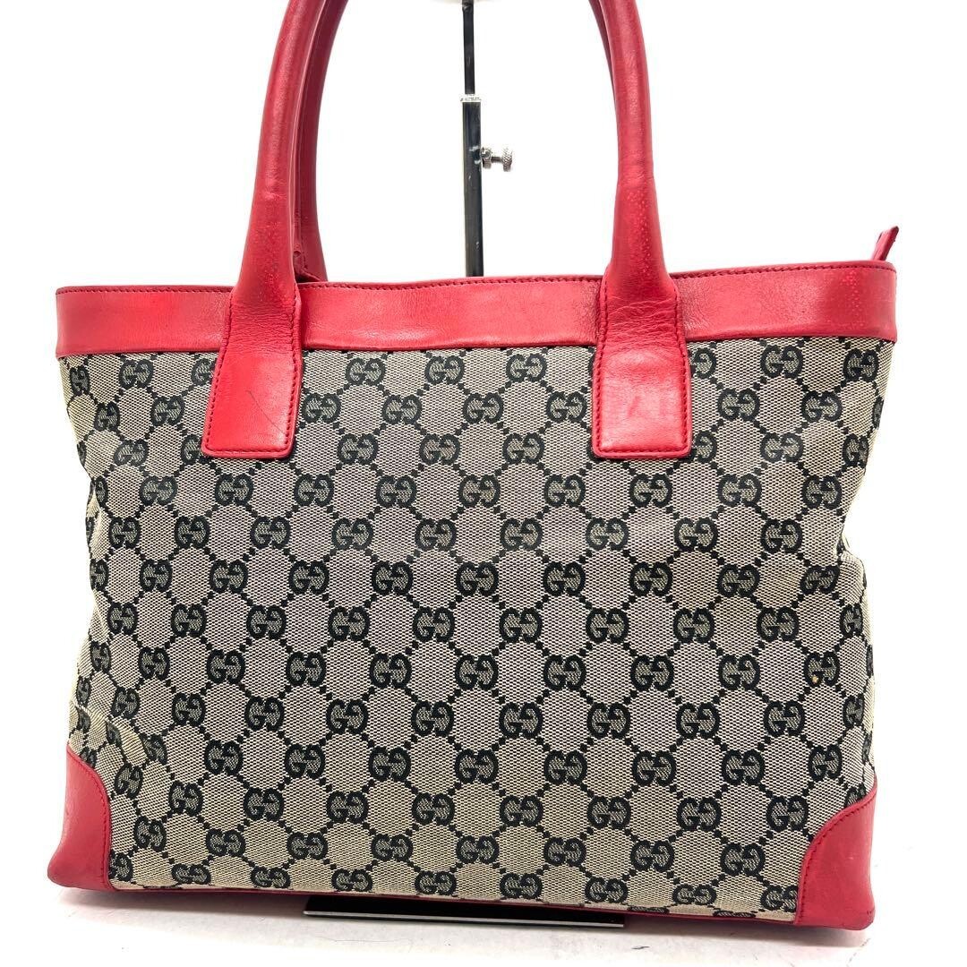 Gucci GG Canvas Leather Red Tote Handbag Womens Japan Auth