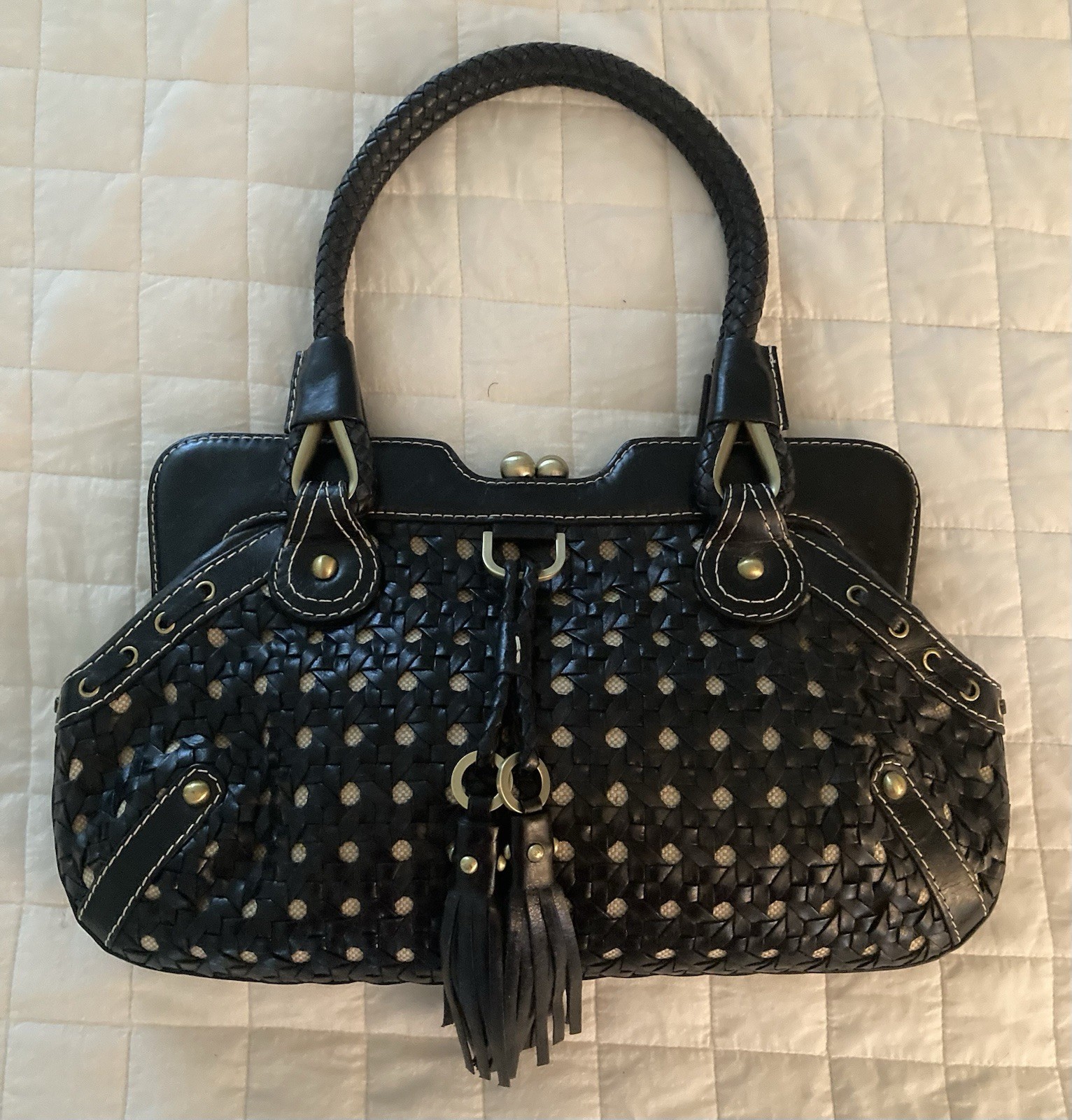 RAFE NEW YORK Black Leather w/Brass & Tassel Accents Framed Shoulder Handbag