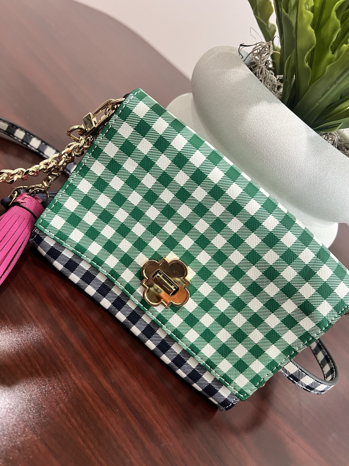 Green/White/Blue Gingham Small Crossbody Bag Crown & Ivy