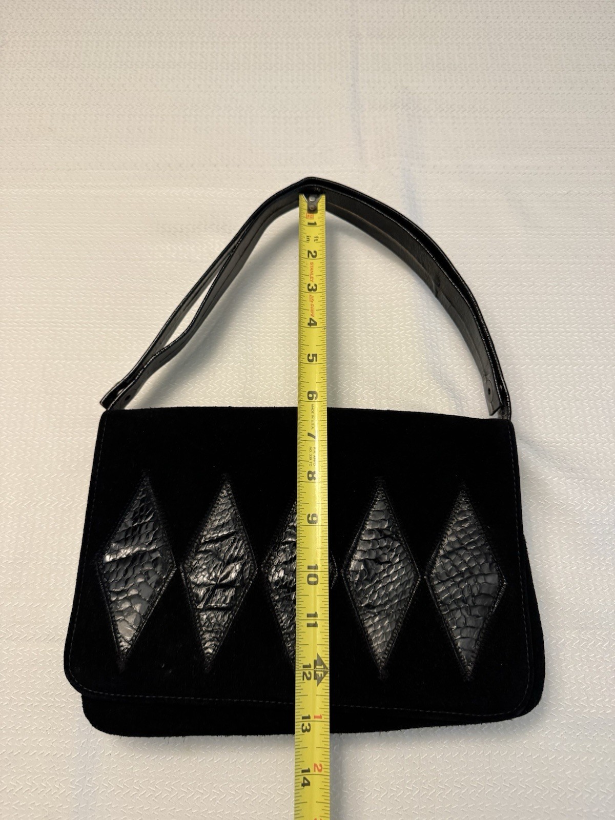 VINTAGE Black Suede Bag Purse Latch Flap Multi-Comparts Green Lined Silver HW