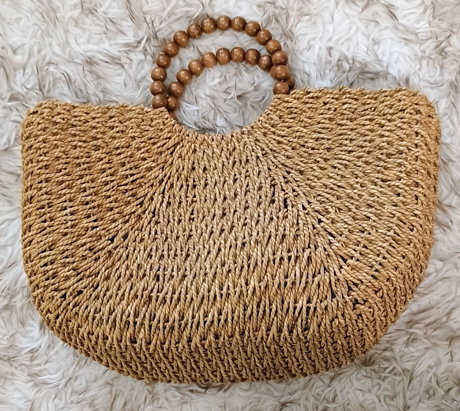 Large Woven Straw Rattan Beach Bag Tote Purse Half Moon Wood Bead Handle Lined