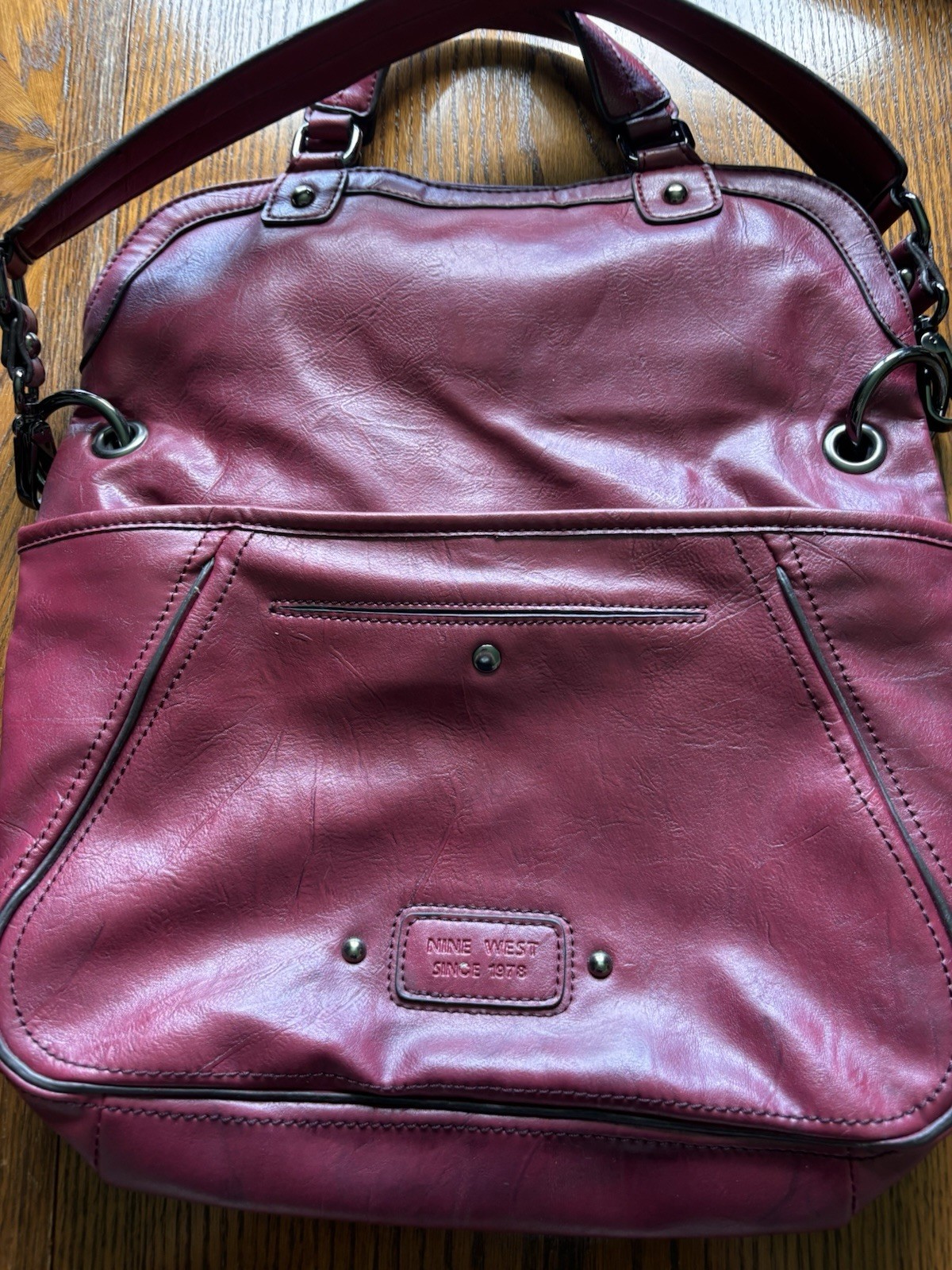 Nine West Burgundy Large Satchel Top Handle Detachable Strap Snap Gunmetal