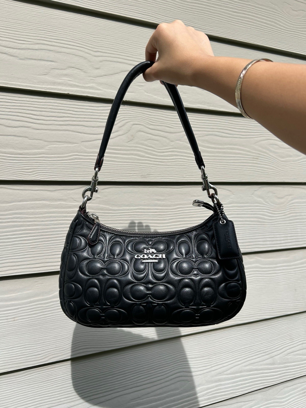 Coach Teri Shoulder Bag In Black Signature Leather/Silver Hardware (Model CM054)
