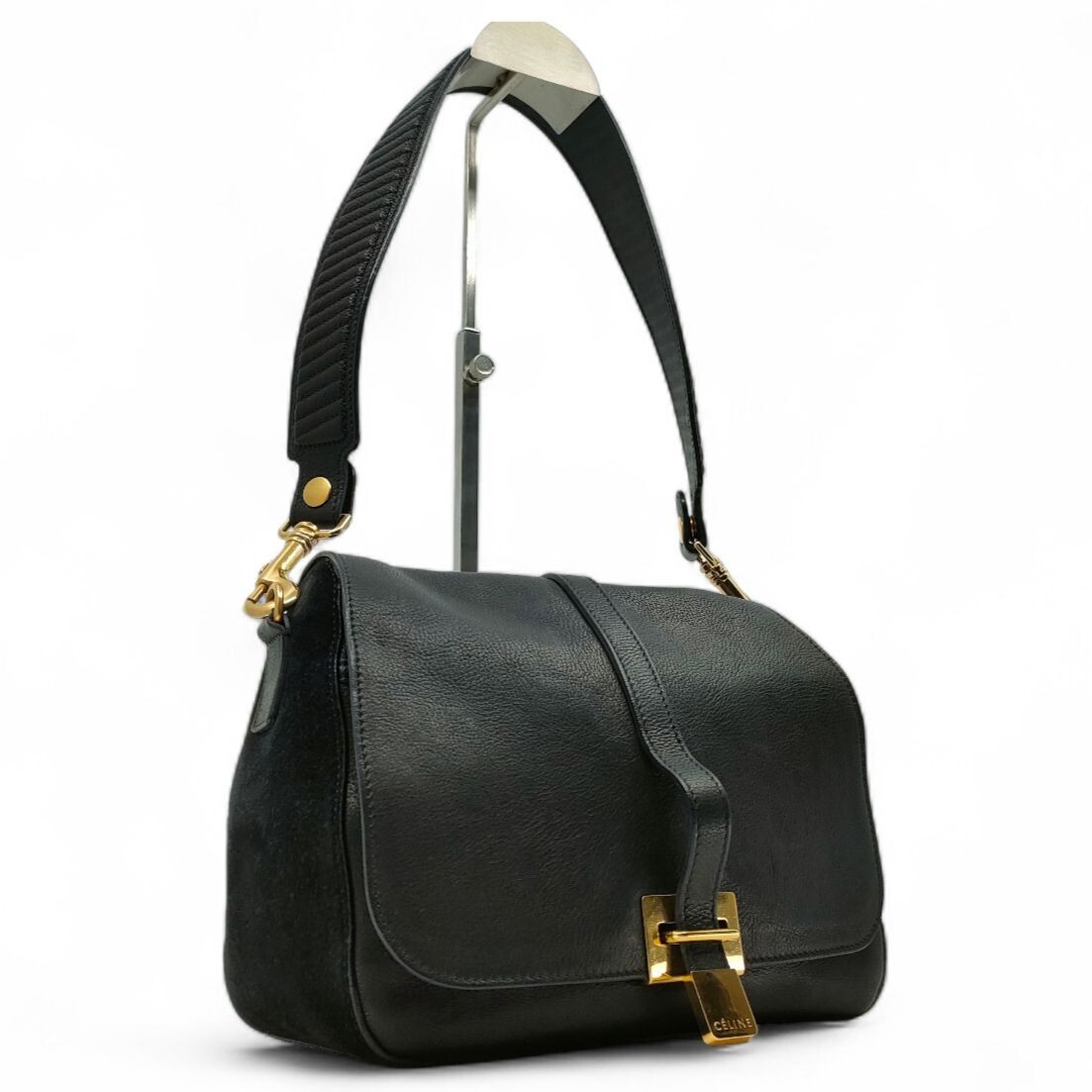 CELINE Shoulder Bag Leather Suede Black Vintage Authentic From Japan