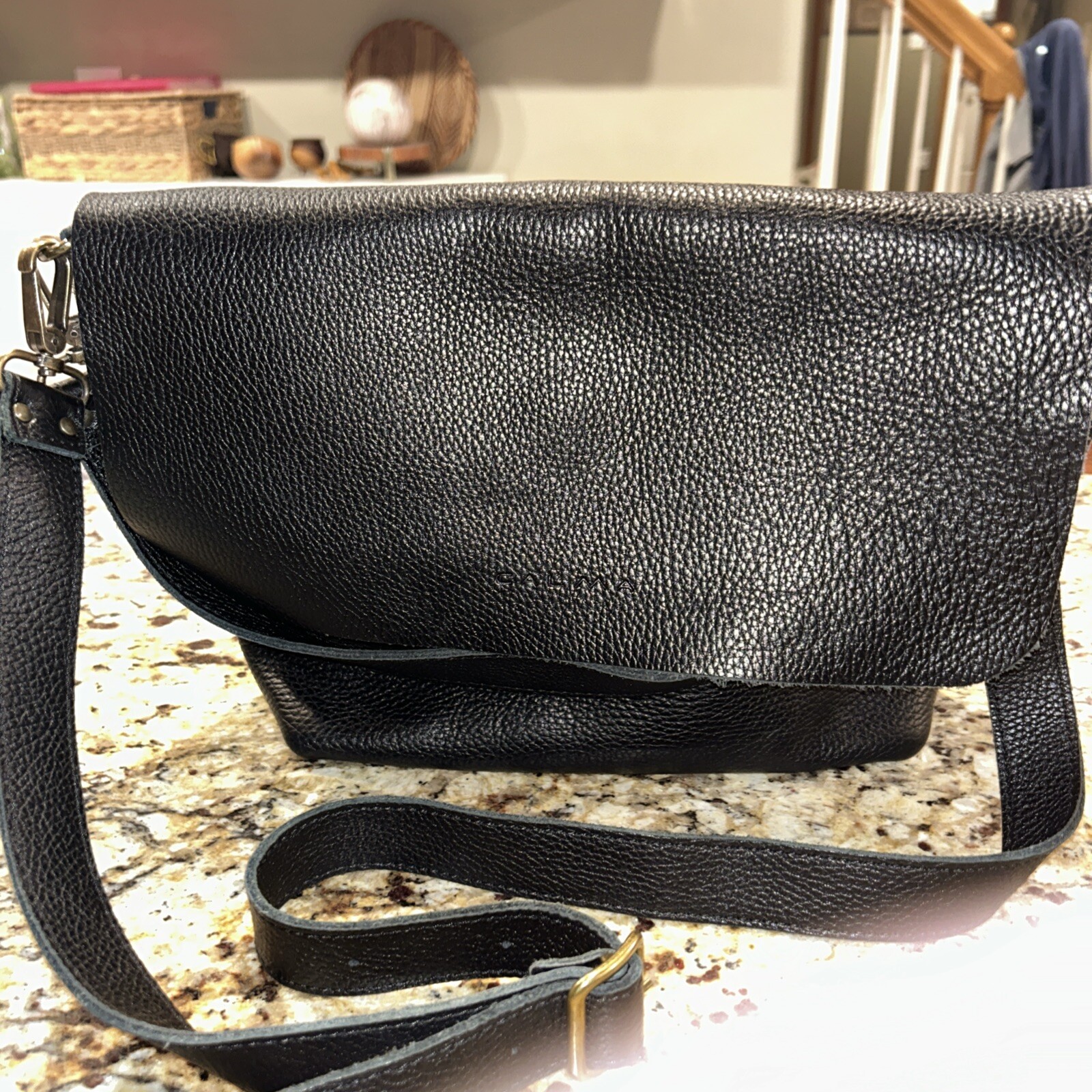 Boho CALMA 11600 Leather Goods Handcrafted In Spain Leather Crossbody Purse Blk