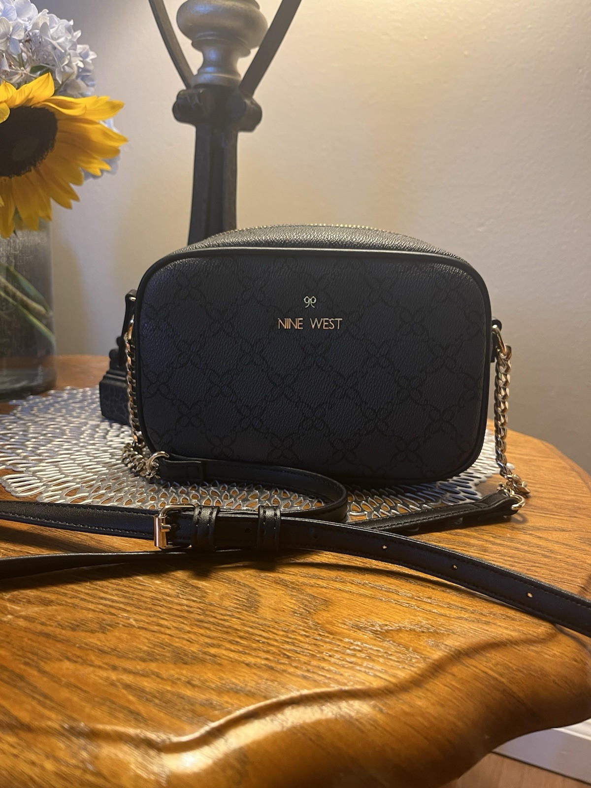 Nine West Crossbody Purse Grey/Black/Gold Chain Strap Faux Leather