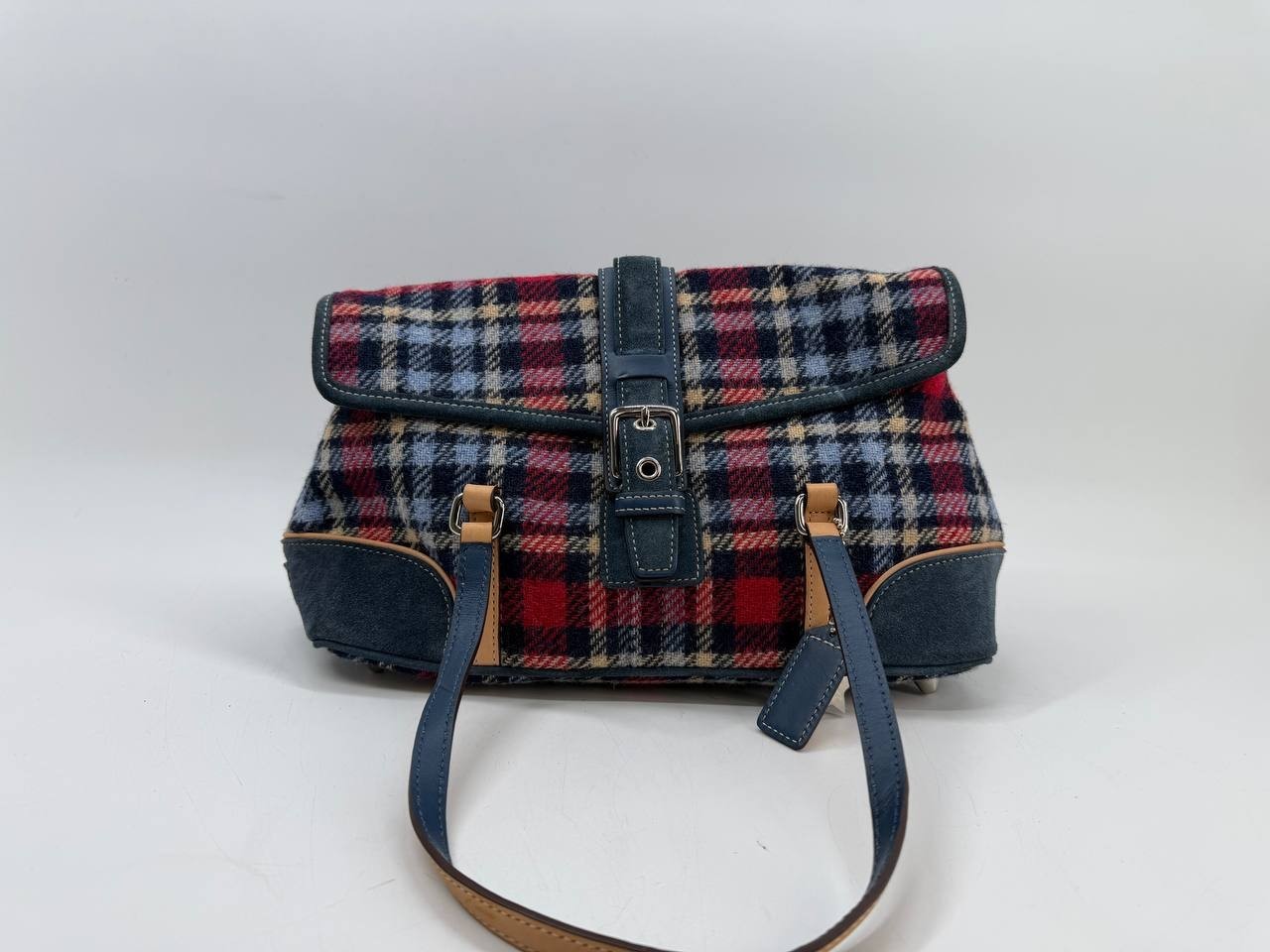 Coach Plaid Wool Leather Satchel Shoulder Bag Blue Red Tan H04J-1411 Vintage