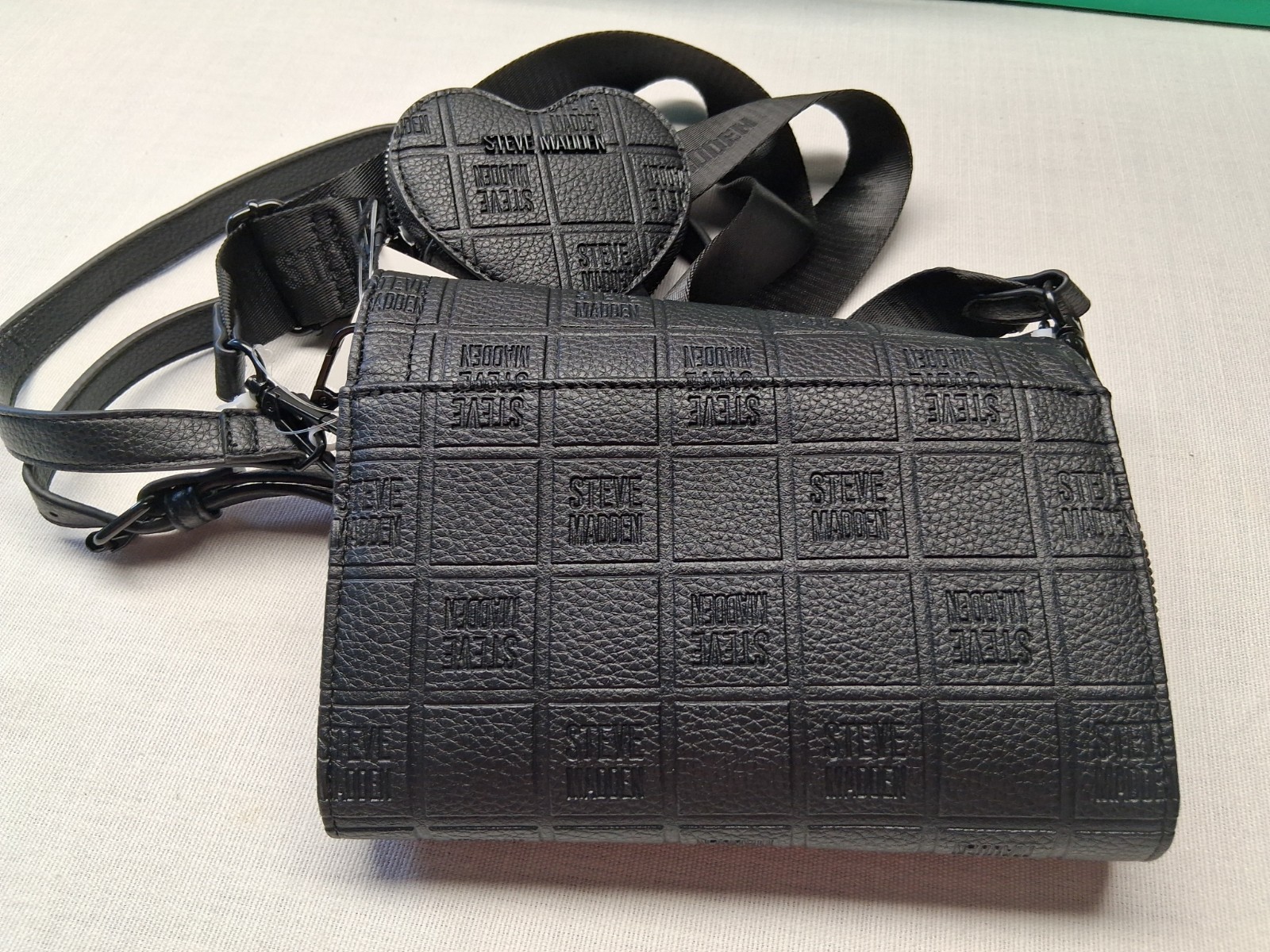 Steve Madden Black Logo Embossed Small Crossbody Bag Detachable Strap Coin Purse