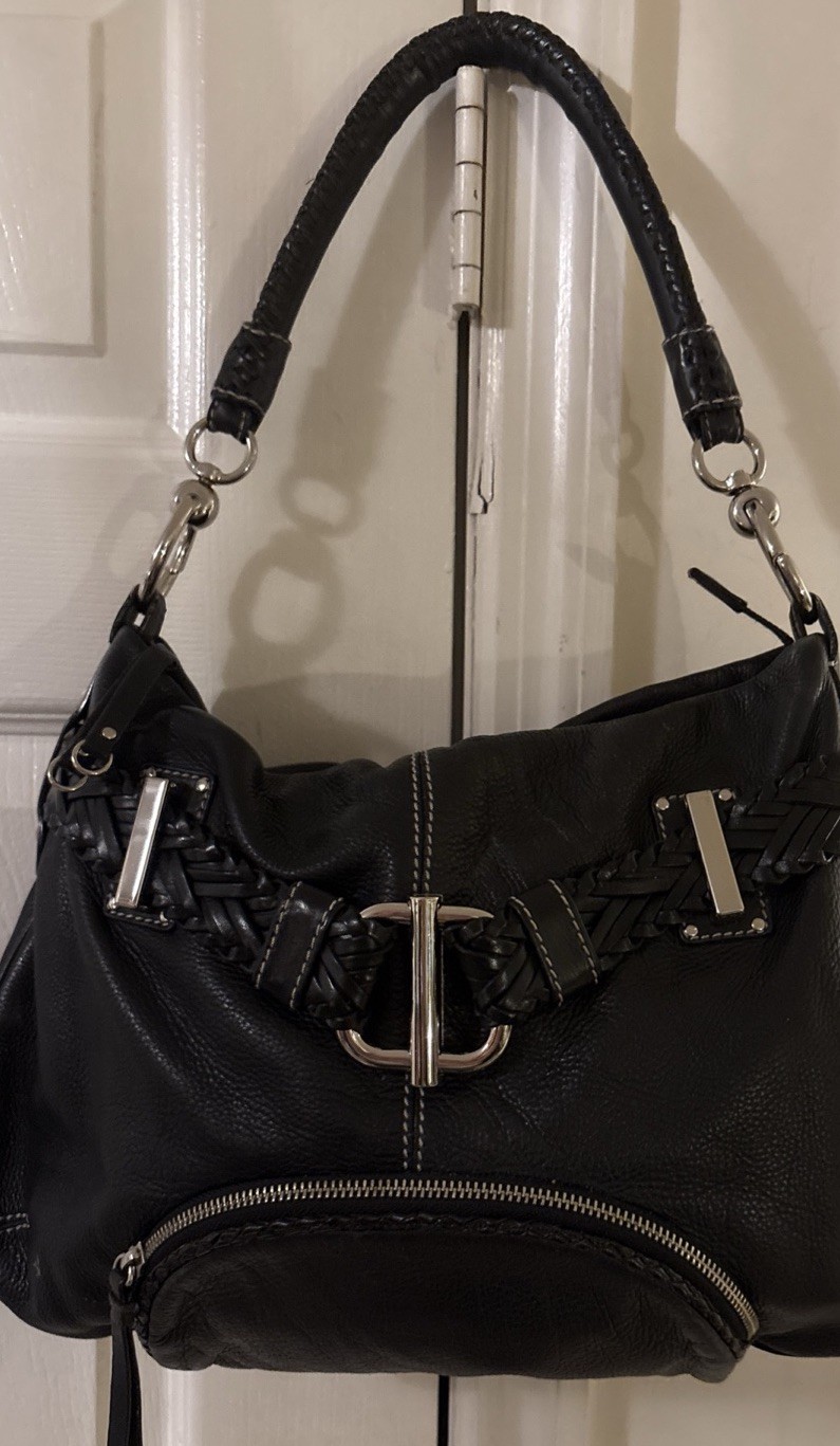 VIA SPIGA BLACK Leather Braided Quality Silver Decorative Shoulder Bag