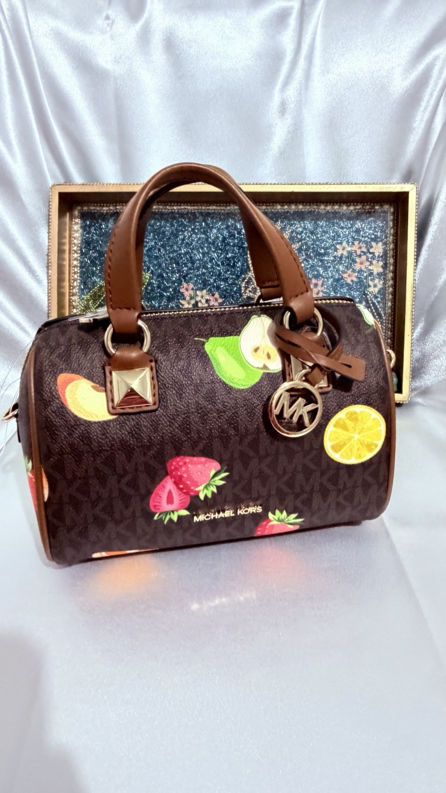 MICHAEL KORS Grayson Fruits Small Printed Signature Logo Duffel Crossbody Bag