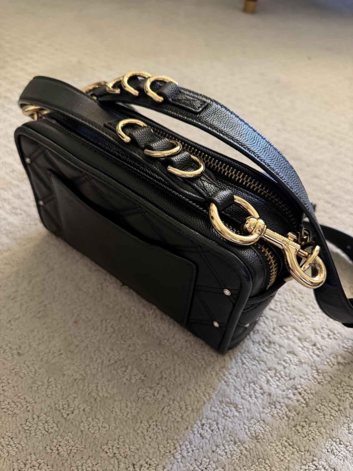 Marc Jacobs Black Quilted Crossbody Bag Pearl Gold Hardware Zip Adjustable Strap