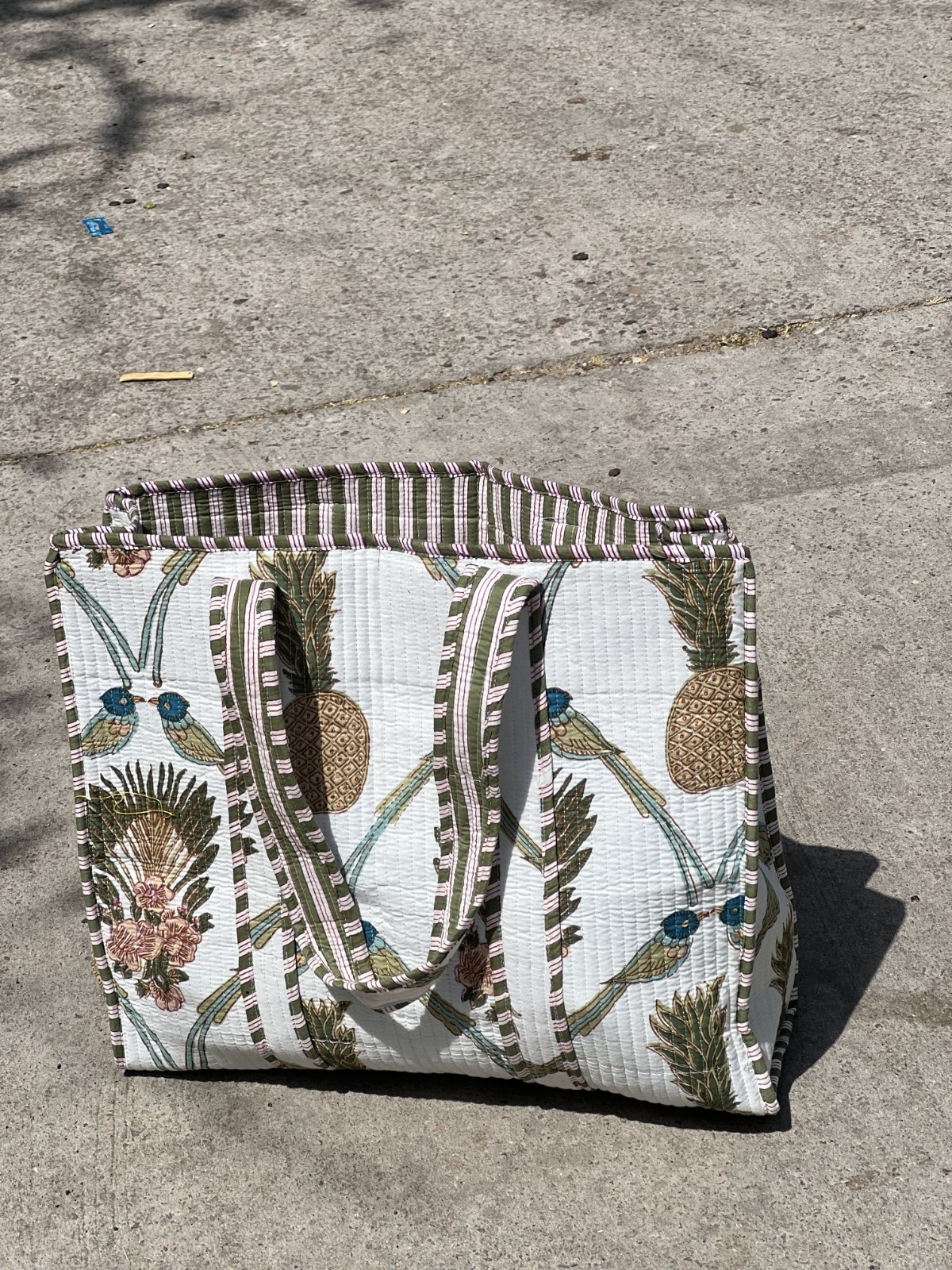 Handmade Quilted Cotton Tote Bag Tropical Bird Print Reversible Beach Shopper