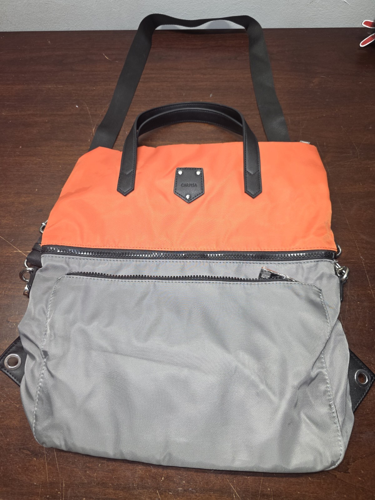 Carpisa orange and grey tote dual strap options Silver Hardware