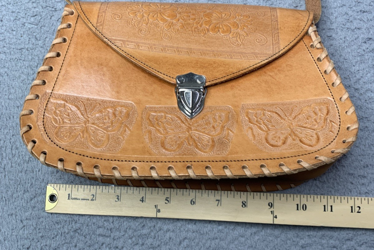 Hand Tooled Leather Crossbody Bag Made in Mexico Southwestern Butterfly