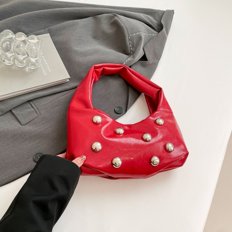 Red Riveted Ball Underarm Bag Fashion Small Single Shoulder Handheld Women’s Bag