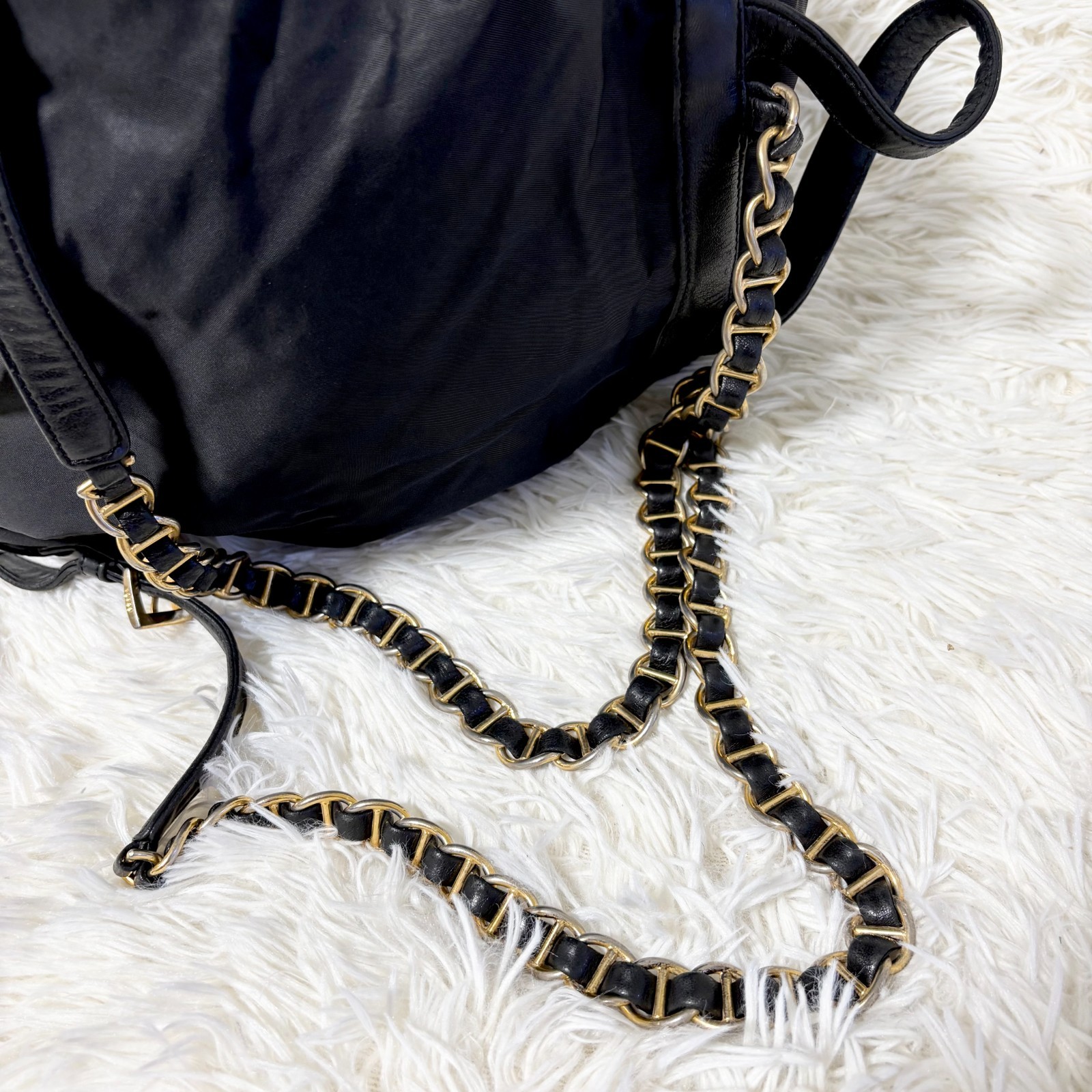 Super PRADA Backpack Gold Chain Triangle Logo Plate Nylon Black From Japan