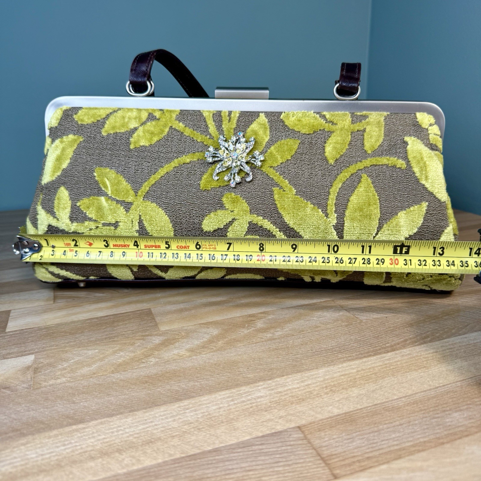 Glenda Gies Chenille Handbag Green Leaves Gray Clutch Brooch Leather Purse RETRO