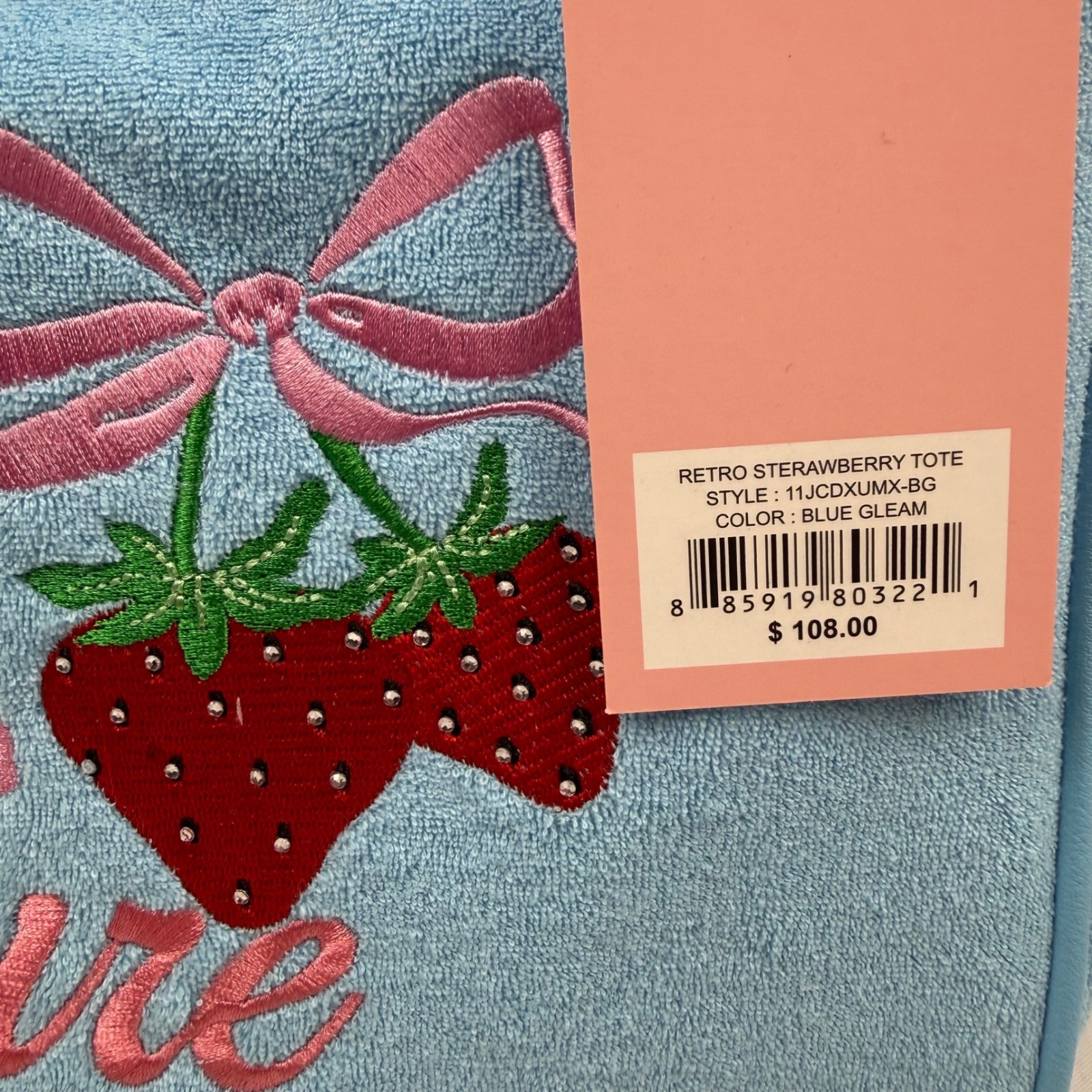 Juicy Couture Retro Strawberry Tote Blue Gleam Velour Bag Charm Coin Pouch NWT
