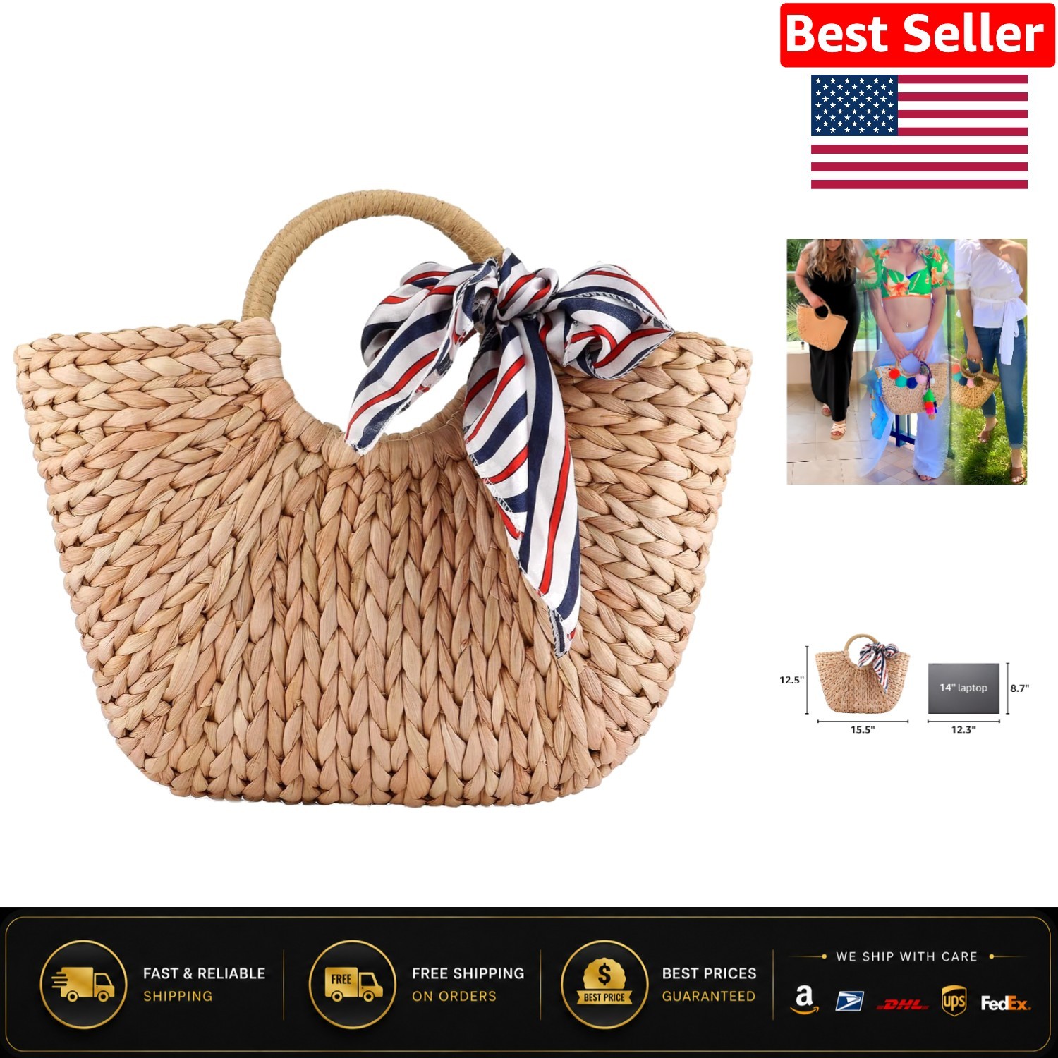 Chic Summer Beach Handbag – Hand-Woven Rattan Tote with Drawstring Closure
