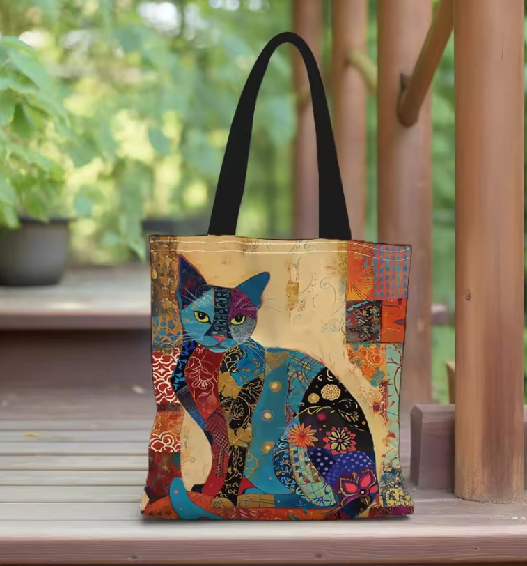 1pc Floral Cat Canvas Tote Bag Aesthetic Shoulder Bag for School & Shopping