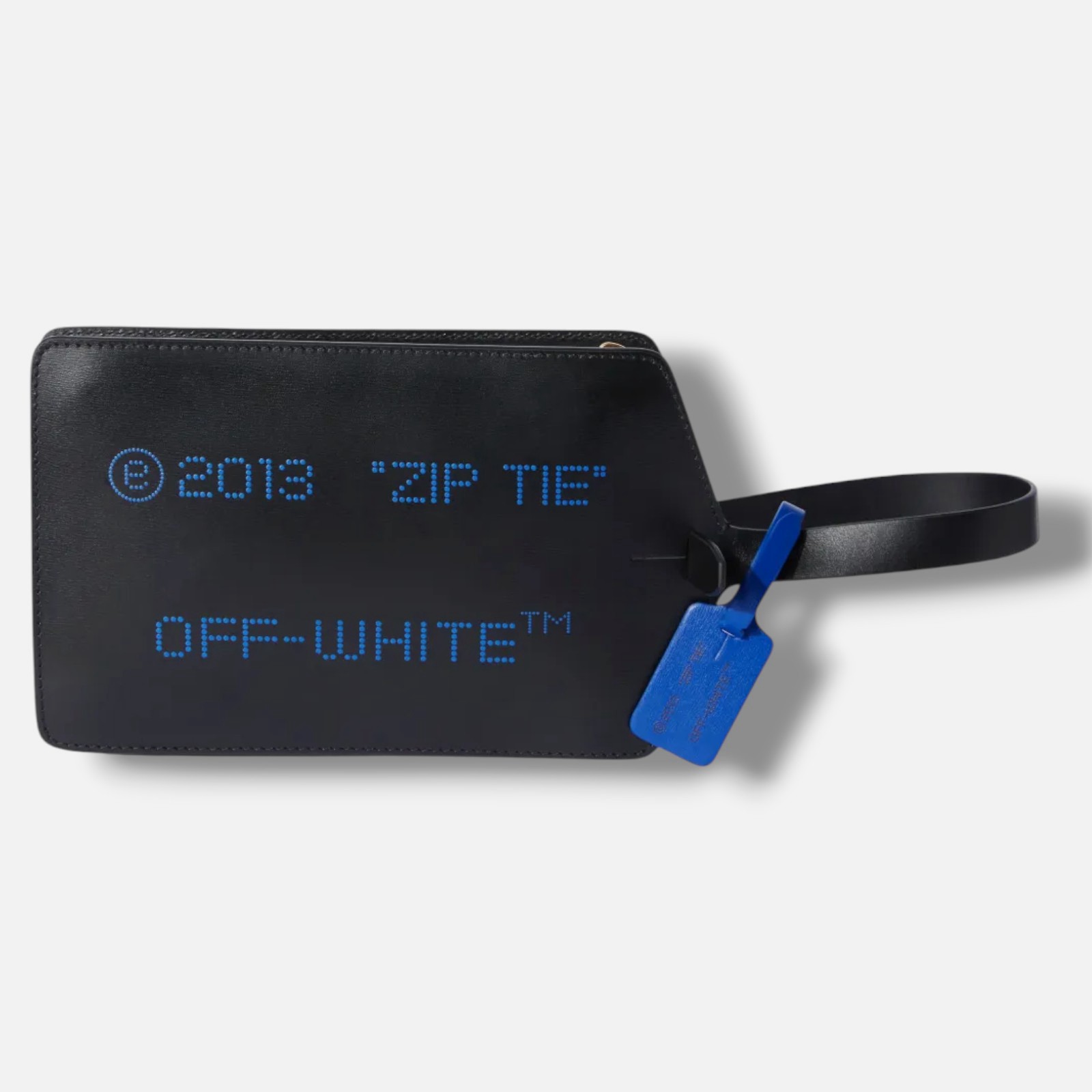 Off-White Women Black Blue Leather Zip Tie Clutch Purse Hand Bag