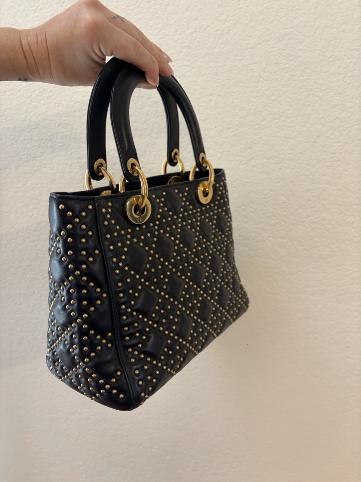 Dior Black Quilted Studded Lady Dior Purse