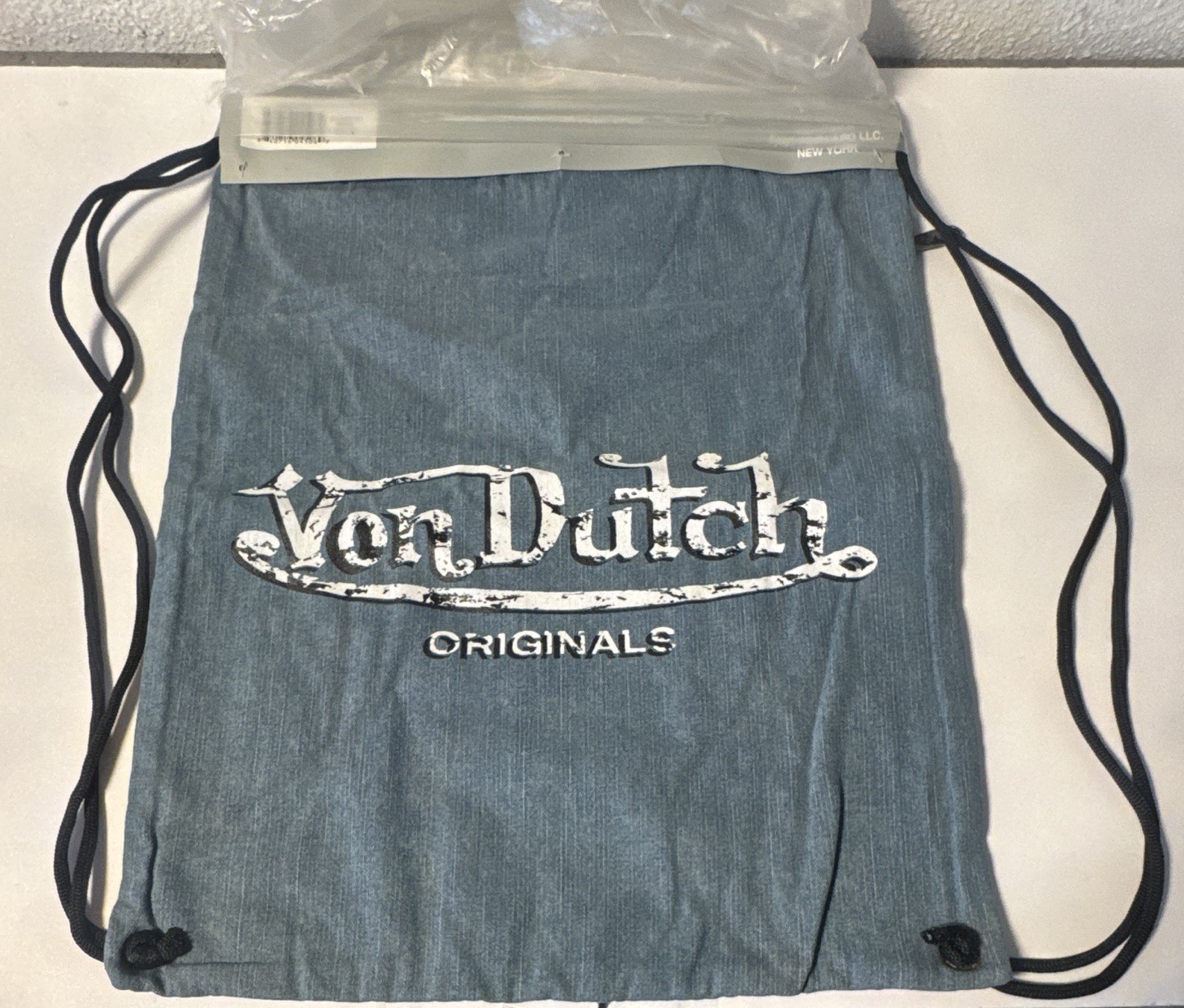 Von Dutch Blue Denim Drawstring Bag Logo Print Zip Pocket Black Cord Strap