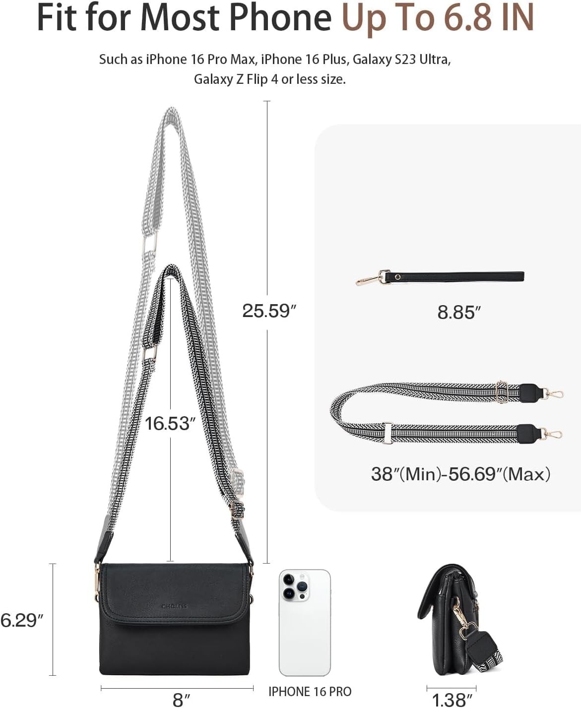 Women’s Small Leather Crossbody Bag with Adjustable Strap Black