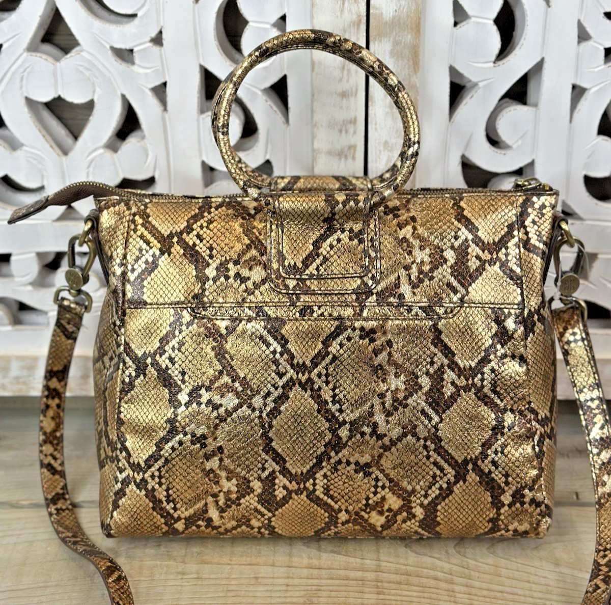 HOBO INTERNATIONAL Sheila Medium Satchel Crossbody Metallic Golden Snake Leather