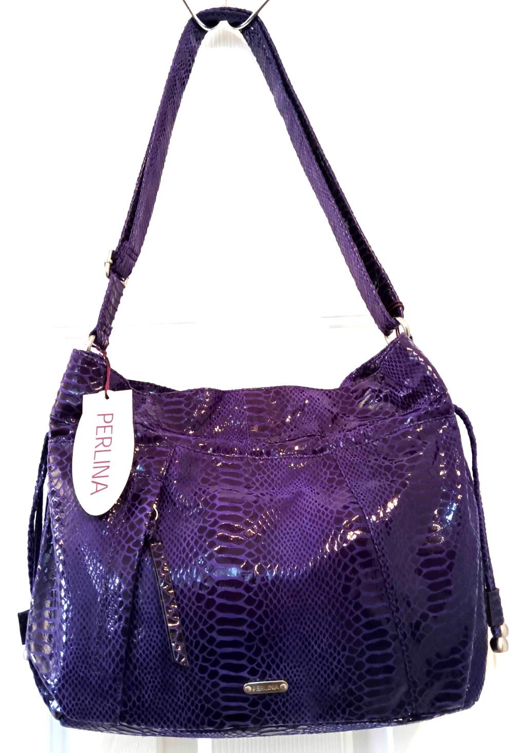 PERLINA NY Purple Leather snakeskin embossed crossbody handbag w dust bag NEW.
