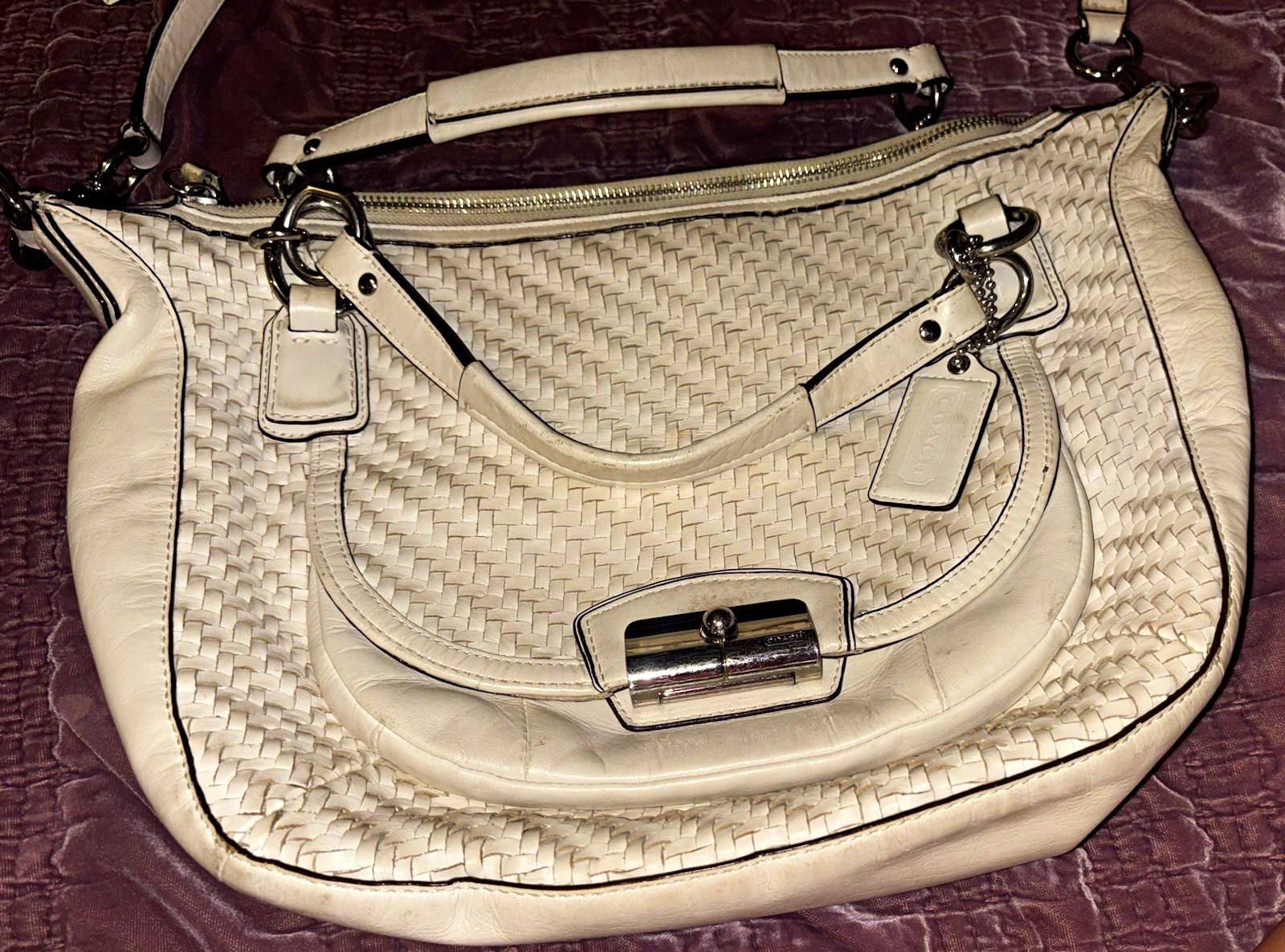 Coach Ivory Crescent Shoulder Bag, Zip/Turn Lock, Silver Hardware, Strap