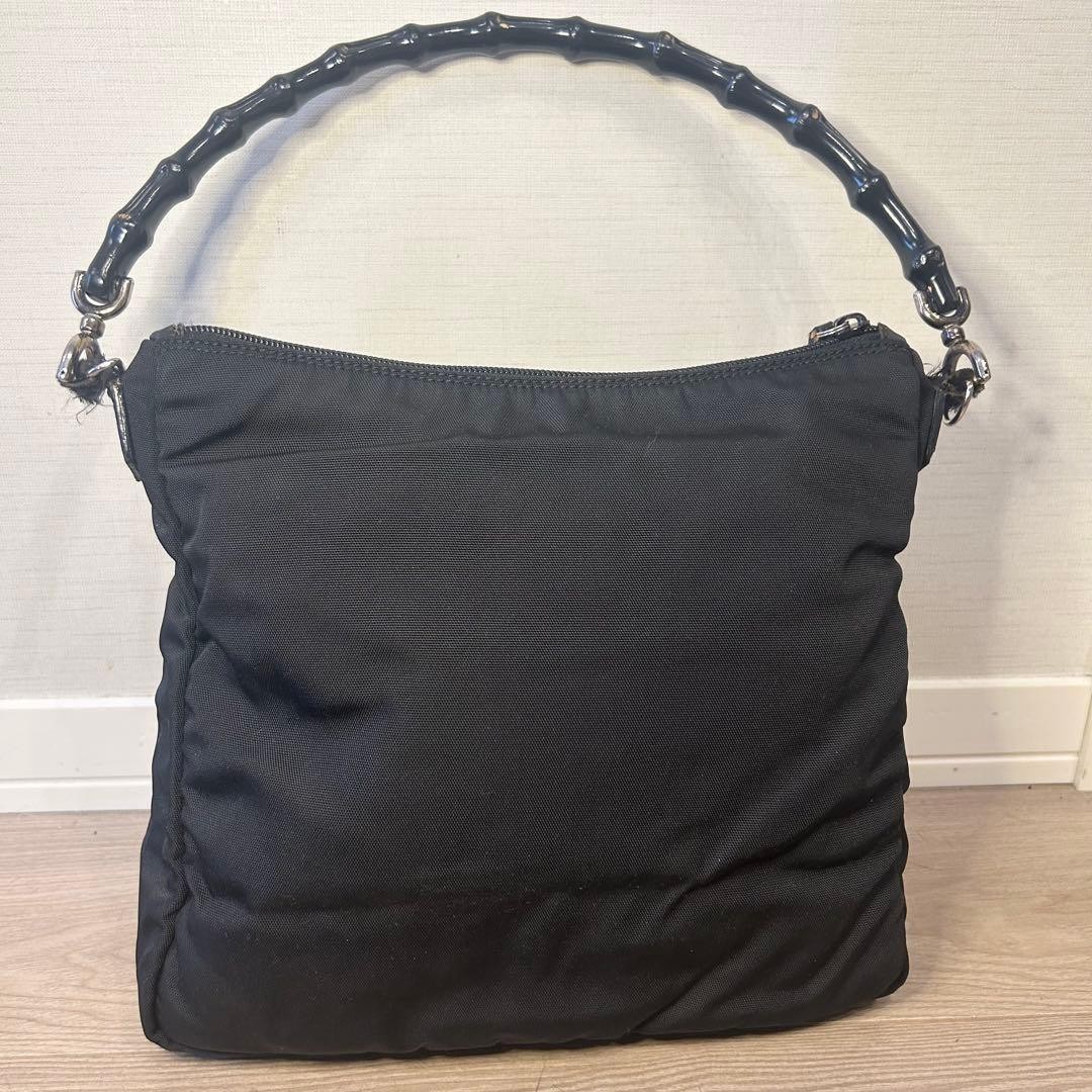 Authentic GUCCI Bamboo Handle Nylon Shoulder Bag Black 28cm x 24cm x 11.5cm