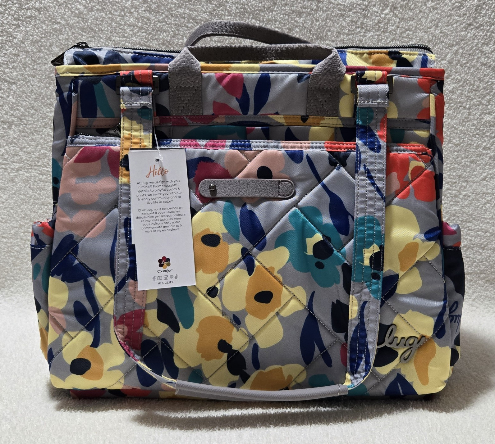 Lug Floral Quilted Multicolor Tote Bag Zip Closure Pockets Detachable Strap